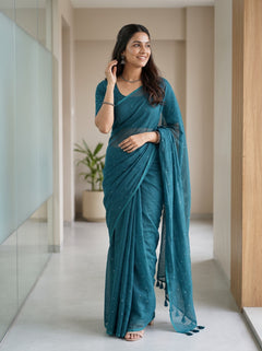 Mul Chanderi Saree in Teal with Sparkling Sequin Dot Embellishment