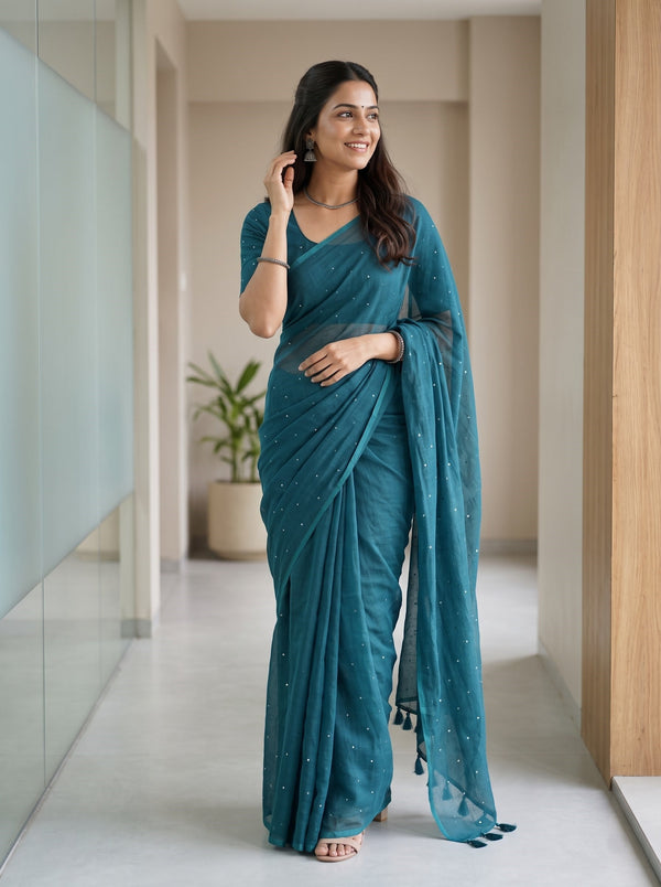 Mul Chanderi Saree in Teal with Sparkling Sequin Dot Embellishment