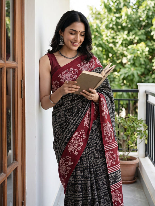 Synthetic Black Red Kalamkari Style Elephant Border Saree