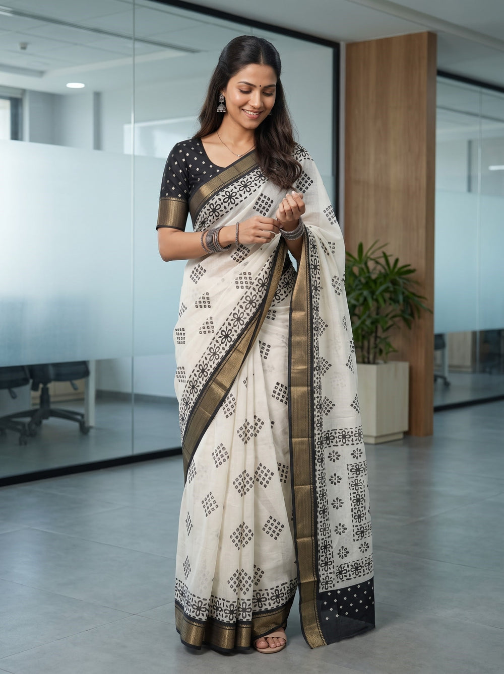 Semi Chanderi Silk White Saree with Black Diamond Floral Block Print