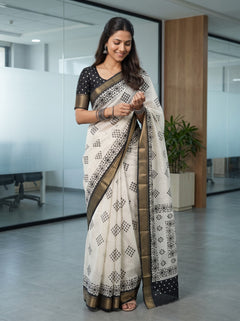Semi Chanderi Silk White Saree with Black Diamond Floral Block Print