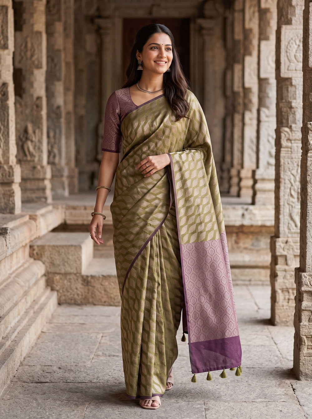 Matka Silk Olive Purple Diamond Lattice Pallu Saree with Tassels