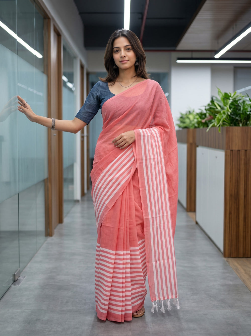 Cotton Pink Vertical Stripe Solid Pallu Saree