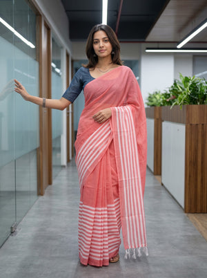 Cotton Pink Vertical Stripe Solid Pallu Saree