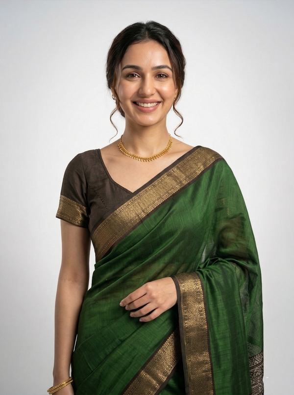 Chanderi Green Black Printed Pallu Saree