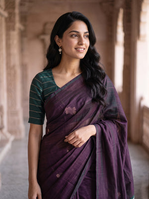 Matka Silk Deep Purple Zari Butta Saree with Green Border