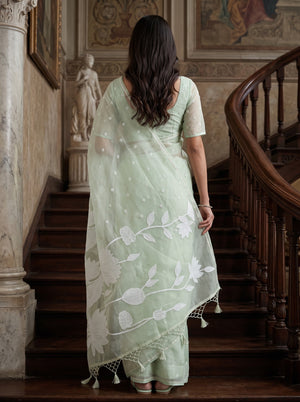 Organza Pista Green Lotus Embroidered Tassel Saree
