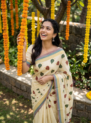 Tissue Cream Multicolor Leaf Print Onam Special Kerala Saree