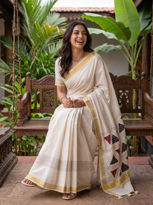 Cotton Cream Ajrakh Triangle Patchwork Kantha Stitch Pallu Golden Kasavu Border Kerala Saree