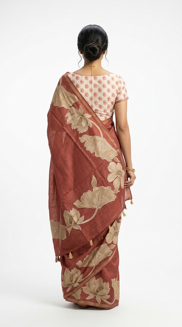 Cotton Rust Terracotta Floral Design Saree