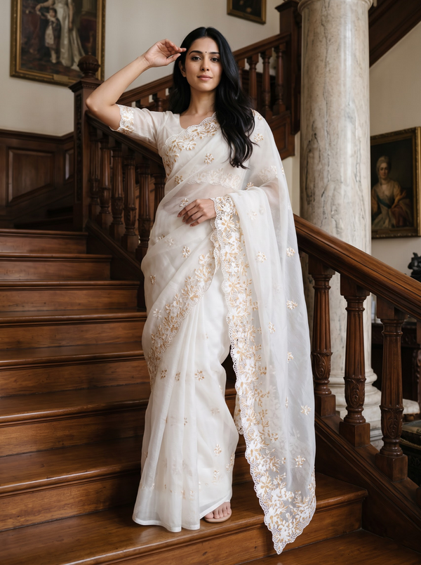 Organza Cream Mustard Golden Floral Embroidery Scalloped Lace Border