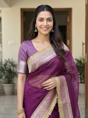 Tissue Banarasi Magenta Solid Saree with Gold Woven Border and Lace Edge