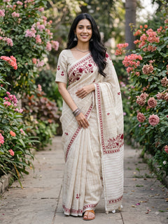 Linen Cream Beige Striped Red Floral Applique Embroidered Pallu Kantha Stitch Tassels Saree