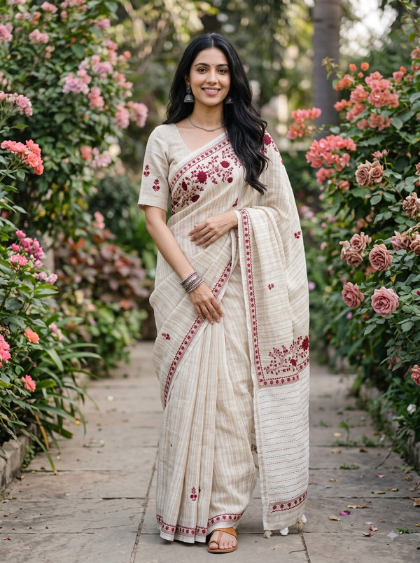Linen Cream Beige Striped Red Floral Applique Embroidered Pallu Kantha Stitch Tassels Saree