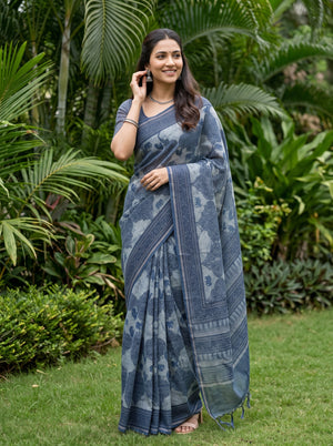 Polycotton Indigo Blue Elephant Motif Block Print Saree with Temple Border Pallu, Mirror Work and Tassels