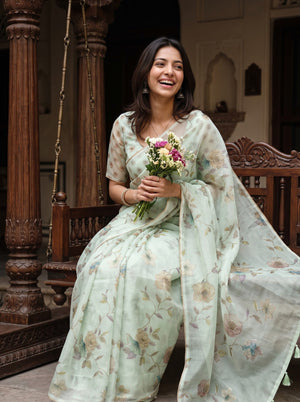 Organza Pista Green Watercolor Floral Vine Printed Zari Embroidered Tassels Saree