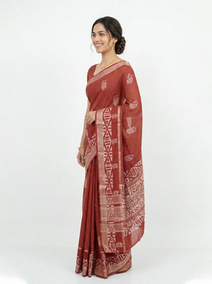 Cotton Silk Maroon Checkered Paisley Saree with Tribal Aztec Border