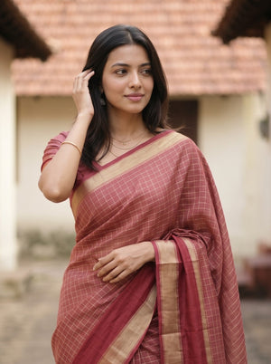 Semi Silk Red Maroon Checked Saree with Golden Zari Striped Pallu