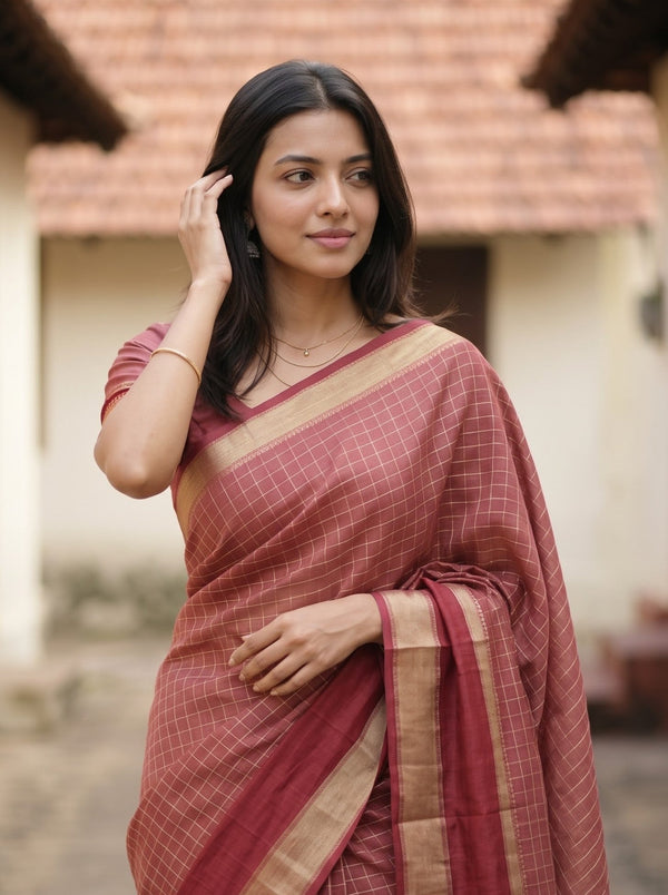 Semi Silk Red Maroon Checked Saree with Golden Zari Striped Pallu