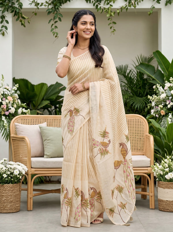 Tissue Cream Peacock Pair Beaded Sequin Embroidered Pallu Saree with Mustard Stripes