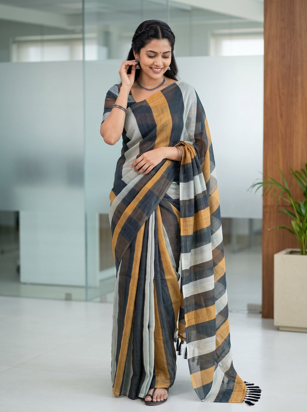 Cotton Black Mustard Orange Cream Multicolor Striped Pallu Black Tassels Saree