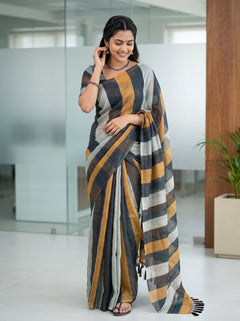 Cotton Black Mustard Orange Cream Multicolor Striped Pallu Black Tassels Saree