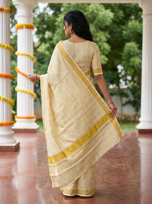Tissue Cream Golden Checked Onam Special Kerala Saree