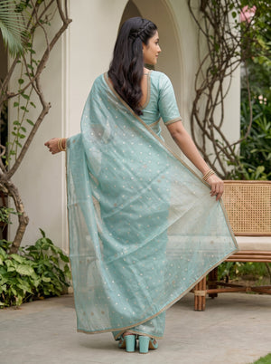Tissue Sea Green Golden Zari Booti Dot Stone Cluster Beaded Border Saree