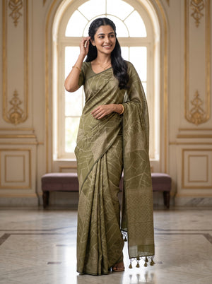 Semi Silk Olive Gold Self-Tone Geometric Print Saree with Tassels