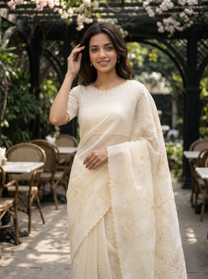 Mul Chanderi Silk White Allover Yellow  Camellia Vine Embroidery Saree