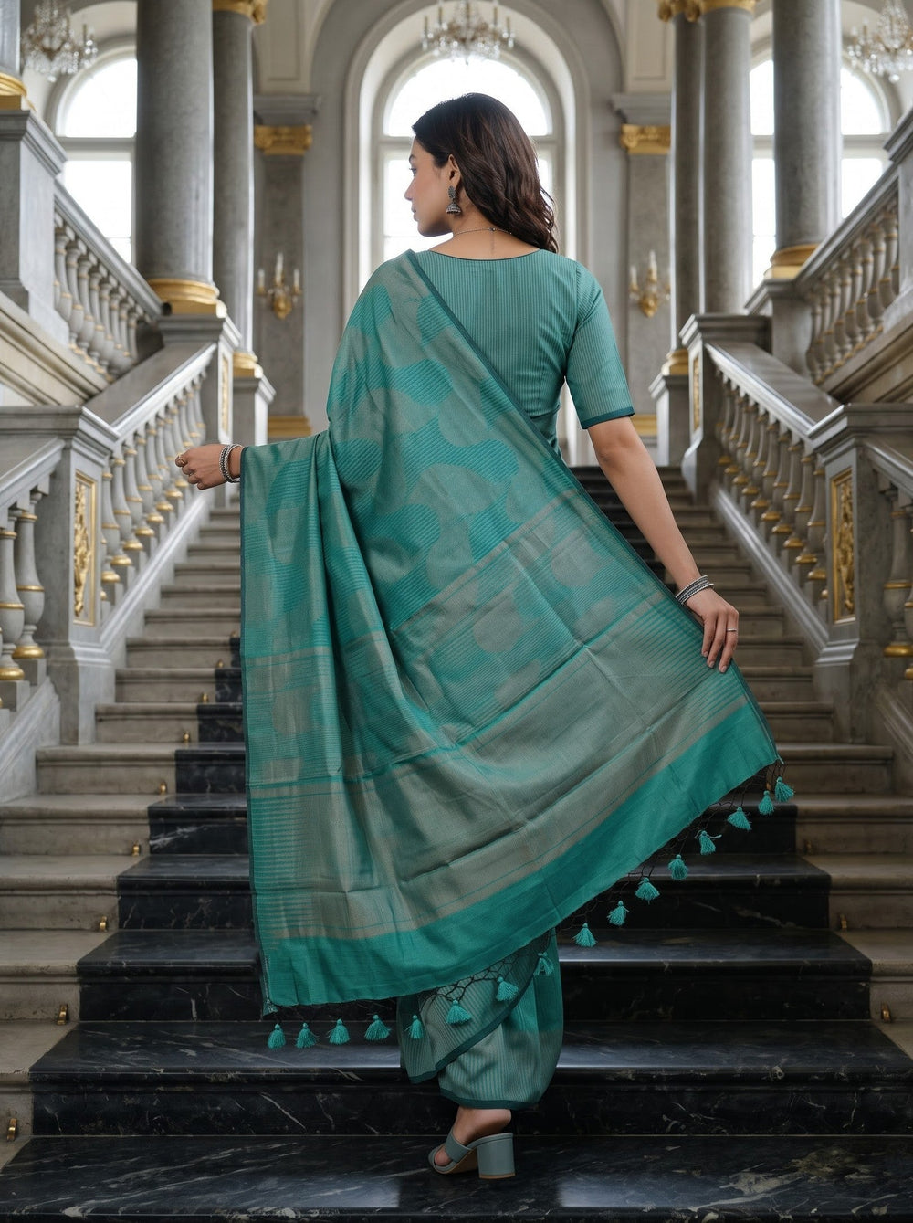 Semi Silk Sea Green Self-Tone Polka Dot Saree with Tassels