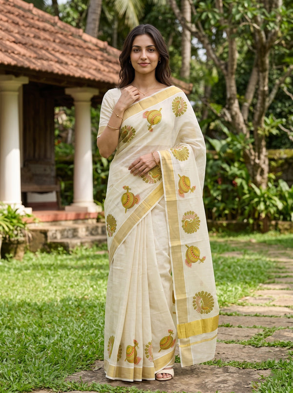 Tissue Cream Kerala Saree with Peacock and Pot Print Pallu, Golden Zari Border