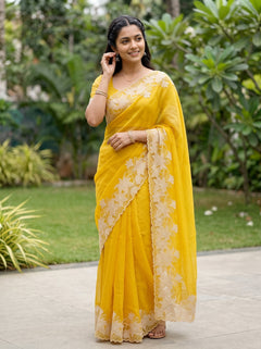 Organza Mustard Yellow Saree with Floral Applique Cutwork Border Pallu