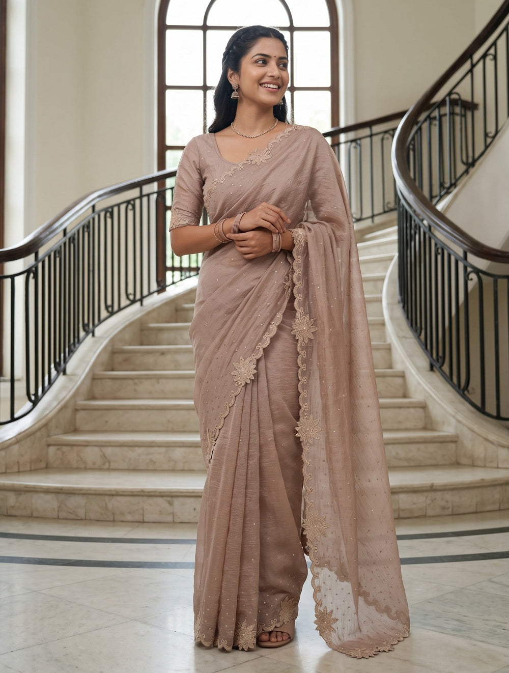 Organza Dusty Rose Saree with Floral Applique Scalloped Border and Sequin Work