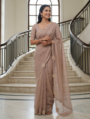 Organza Dusty Rose Saree with Floral Applique Scalloped Border and Sequin Work