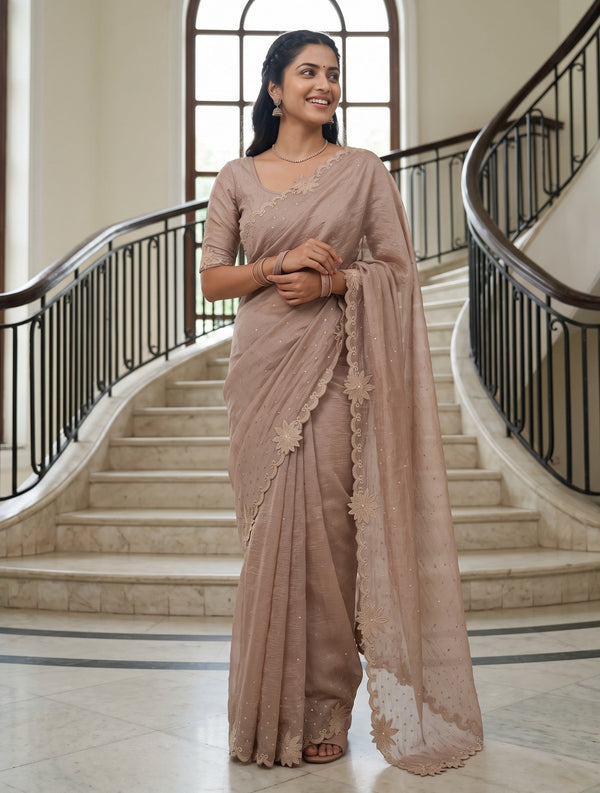 Organza Dusty Rose Saree with Floral Applique Scalloped Border and Sequin Work
