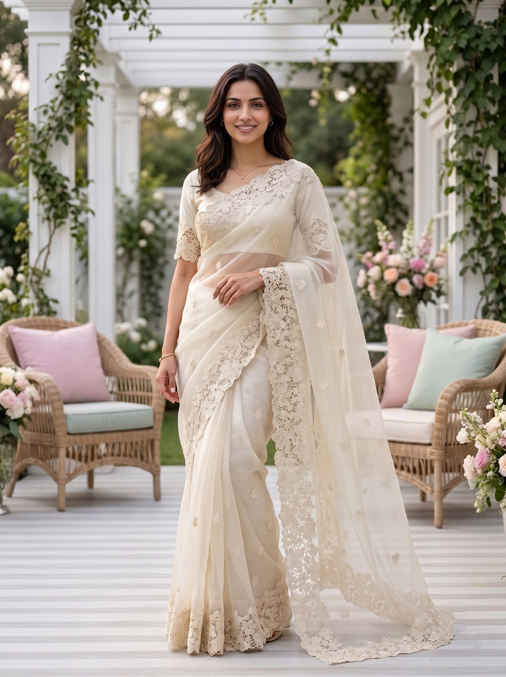Organza Cream Saree with Floral Cutwork Lace Border