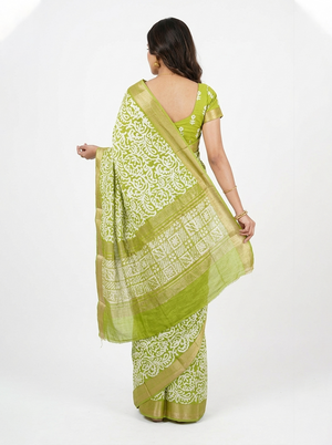 Soft Cotton Olive Green Batik Floral Print Saree with Zari Border