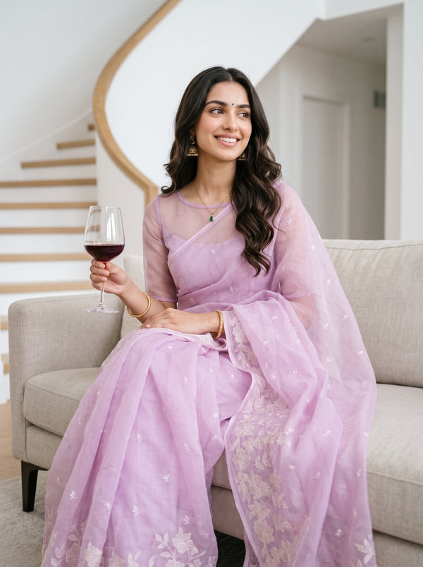 Organza Lilac Cream Floral Vine Applique Embroidered Pallu Butta Body Tassel Saree