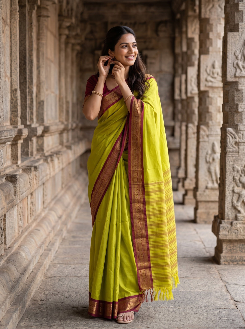 Semi Silk Yellow Saree Maroon Brocade Border with Striped Body