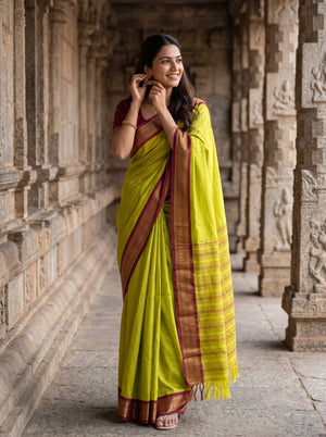 Semi Silk Yellow Saree Maroon Brocade Border with Striped Body
