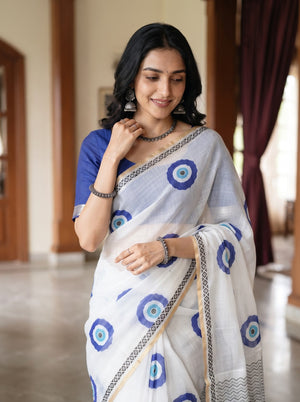 Linen White Evil Eye Print Saree with Black Geometric Border