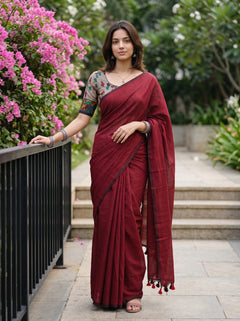 Cotton Deep Maroon Plain Weave Tasseled Saree