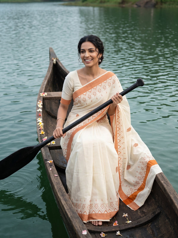 Cotton Off-White Orange Aztec Print Onam Special Kerala Saree