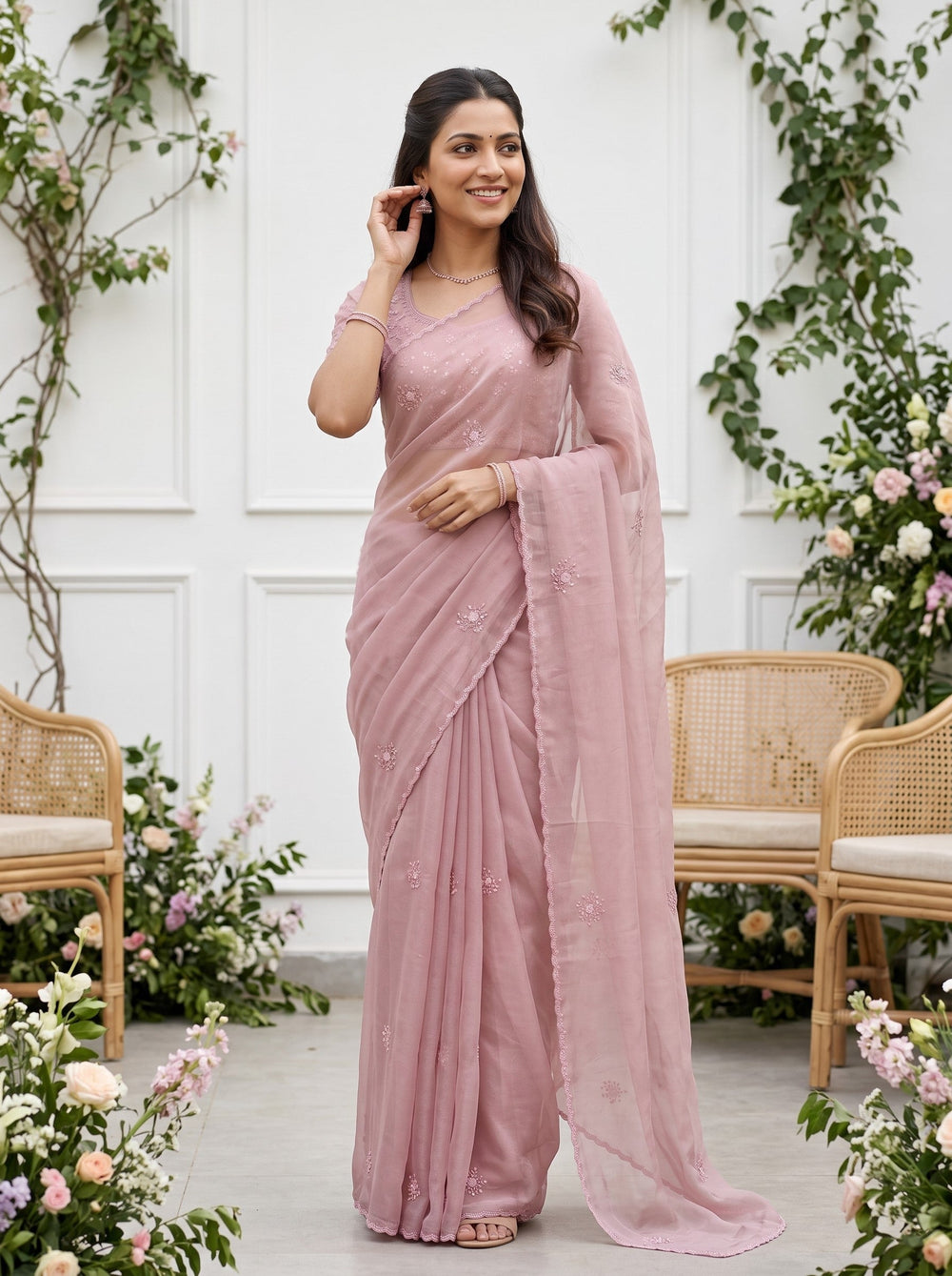 Organza Baby Pink Self Embroidered Floral Sprig Butta Sequin Bead Work Saree