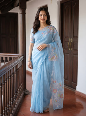 Organza Powder Blue Multicolor Floral Embroidered Saree