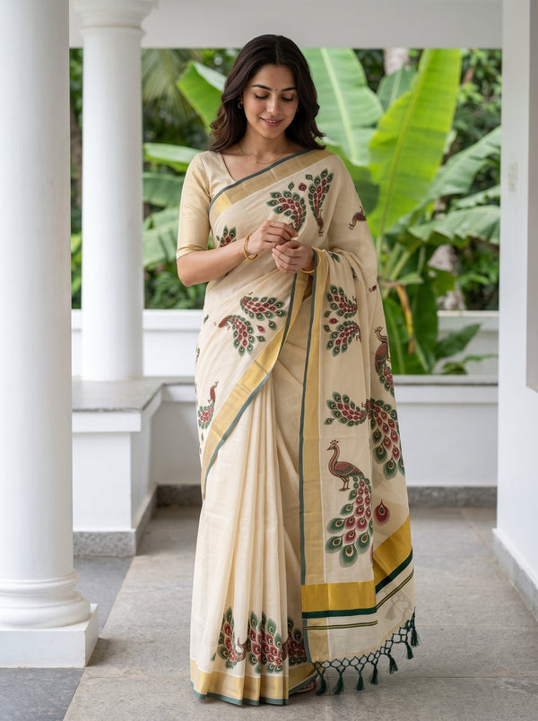 Tissue Cream Kerala Saree with Peacock Print Pallu, Golden Zari Border and Tassels