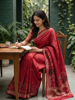 Banarasi Bandhani Red Saree with Floral Jaal Zari Pallu