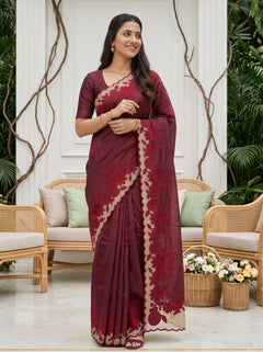 Semi Tussar Maroon Red Floral Applique Embroidered Net Cutwork Pallu Saree with Scalloped Border