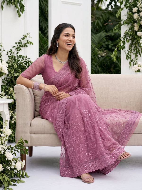 Organza Magenta Pink Floral Vine Sequin Embroidery Scalloped Lace Border Saree